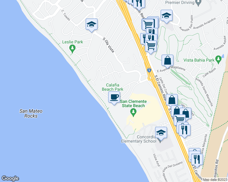 map of restaurants, bars, coffee shops, grocery stores, and more near 246 Avenida Montalvo in San Clemente