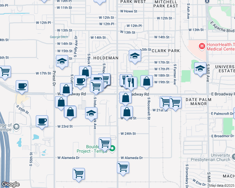 map of restaurants, bars, coffee shops, grocery stores, and more near Hardy Drive & West Broadway Road in Tempe