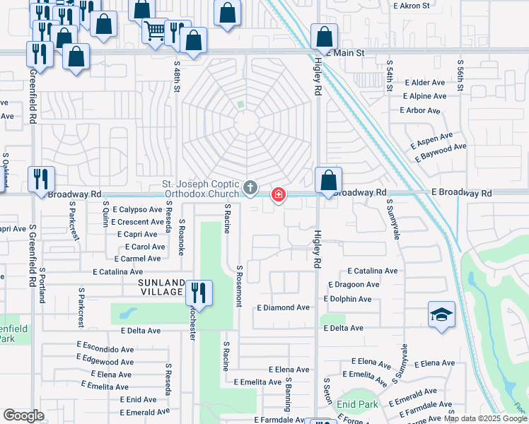 map of restaurants, bars, coffee shops, grocery stores, and more near 5013 East Broadway Road in Mesa