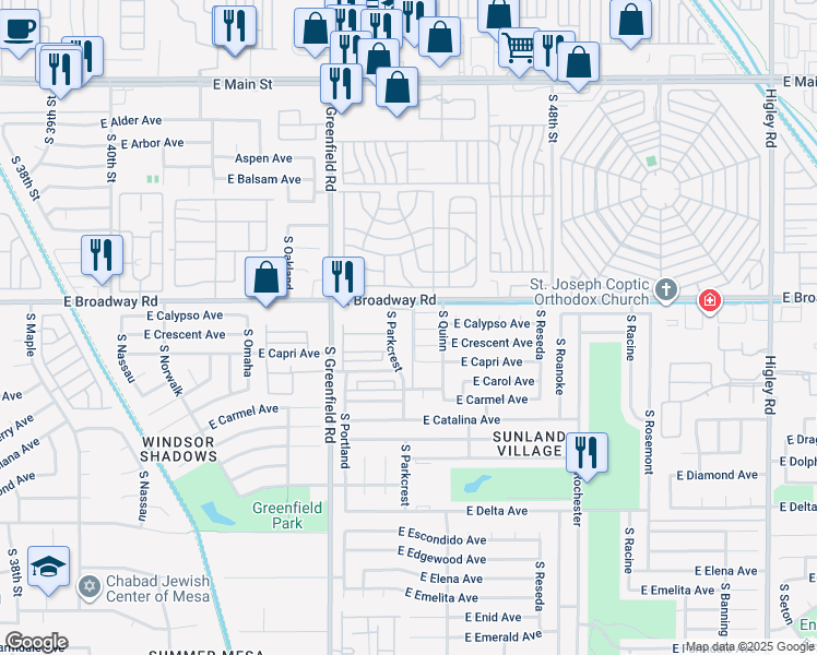 map of restaurants, bars, coffee shops, grocery stores, and more near 425 South Parkcrest in Mesa