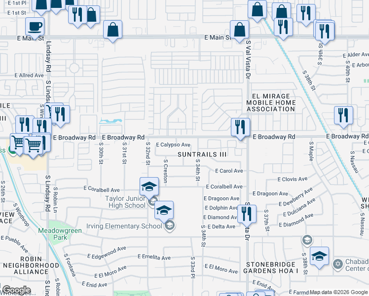 map of restaurants, bars, coffee shops, grocery stores, and more near 3338 East Calypso Avenue in Mesa
