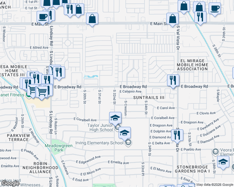 map of restaurants, bars, coffee shops, grocery stores, and more near 3202 East Calypso Avenue in Mesa