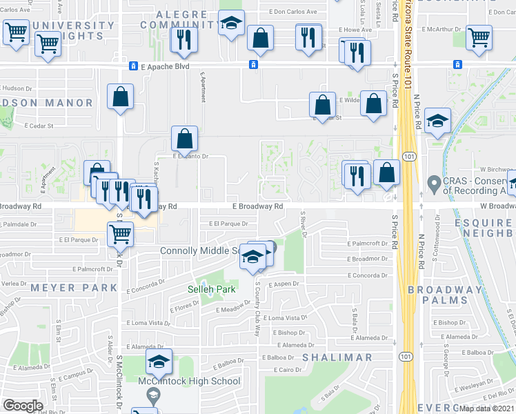 map of restaurants, bars, coffee shops, grocery stores, and more near 2020-2030 East Broadway Road in Tempe