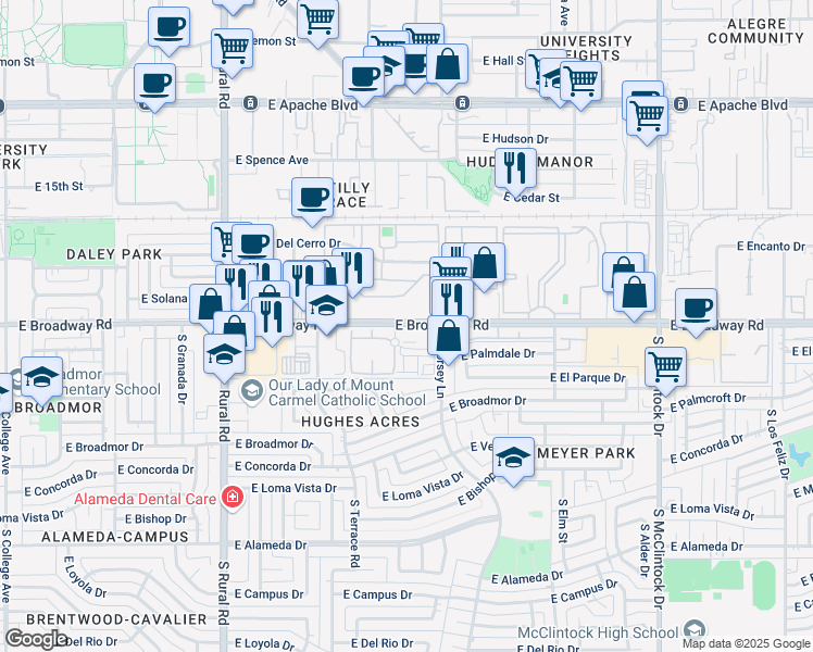 map of restaurants, bars, coffee shops, grocery stores, and more near 1232 East Broadway Road in Tempe