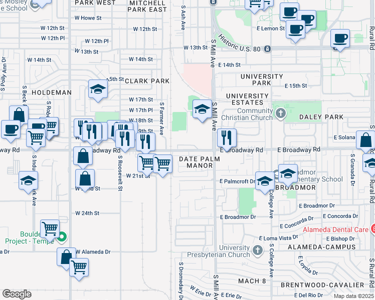 map of restaurants, bars, coffee shops, grocery stores, and more near 107 1/2 West Broadway Road in Tempe