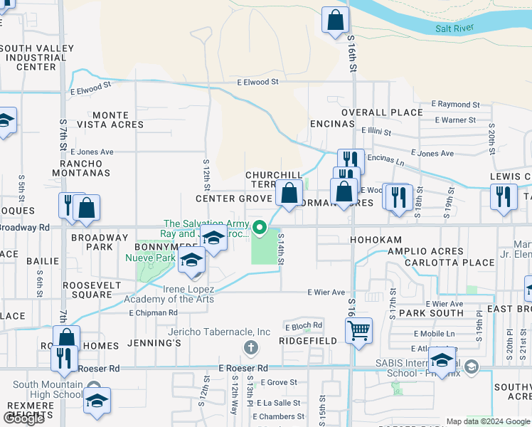 map of restaurants, bars, coffee shops, grocery stores, and more near 4201 South 13th Street in Phoenix