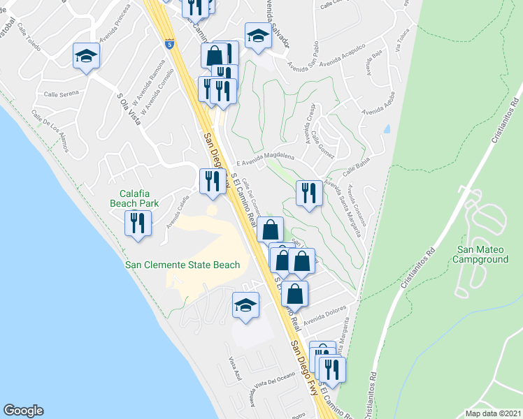 map of restaurants, bars, coffee shops, grocery stores, and more near 2617 Calle Del Comercio in San Clemente