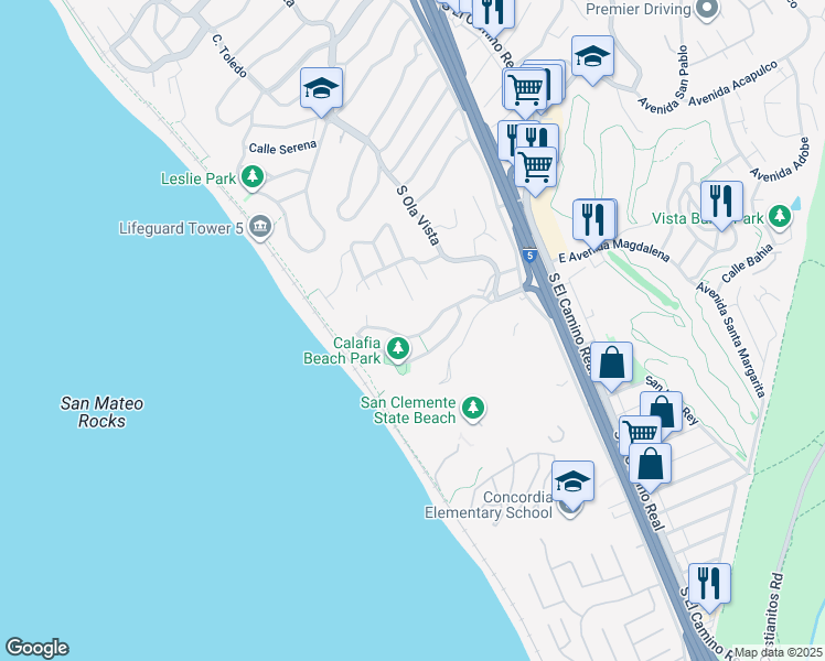 map of restaurants, bars, coffee shops, grocery stores, and more near 216 Avenida Montalvo in San Clemente