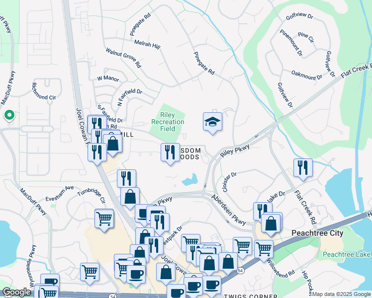 map of restaurants, bars, coffee shops, grocery stores, and more near 201 Wisdom Road in Peachtree City