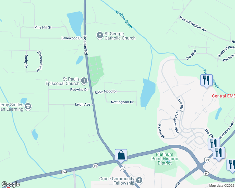 map of restaurants, bars, coffee shops, grocery stores, and more near 109 Robin Hood Drive in Newnan