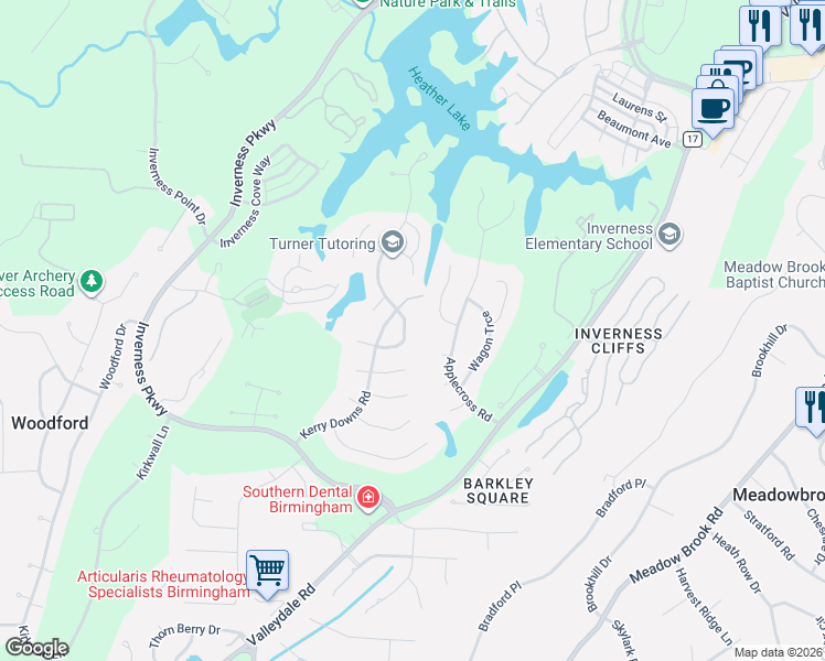 map of restaurants, bars, coffee shops, grocery stores, and more near 5004 Kerry Downs Road in Birmingham