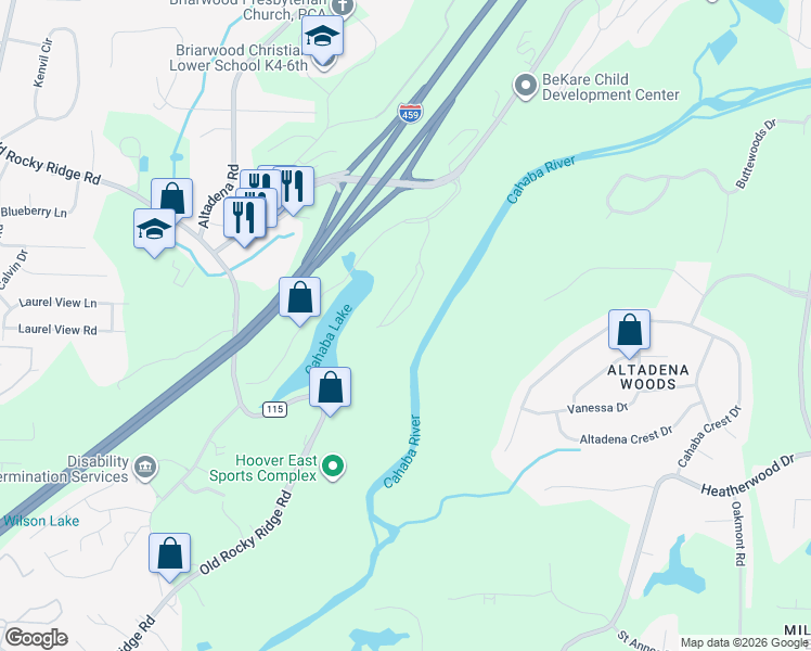 map of restaurants, bars, coffee shops, grocery stores, and more near 2525 International Park Drive in Birmingham