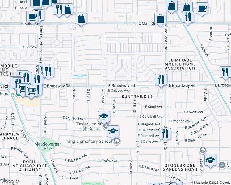 map of restaurants, bars, coffee shops, grocery stores, and more near 3256 East Calypso Avenue in Mesa