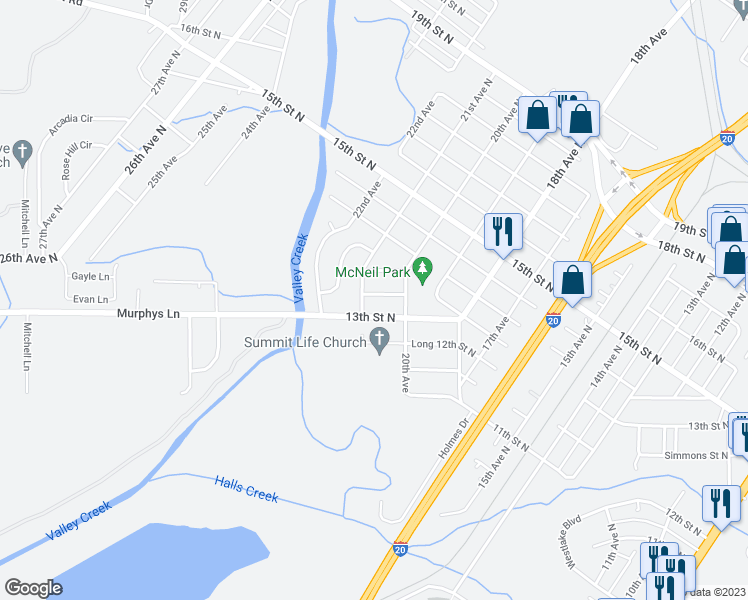 map of restaurants, bars, coffee shops, grocery stores, and more near 2024 13th Way North in Bessemer