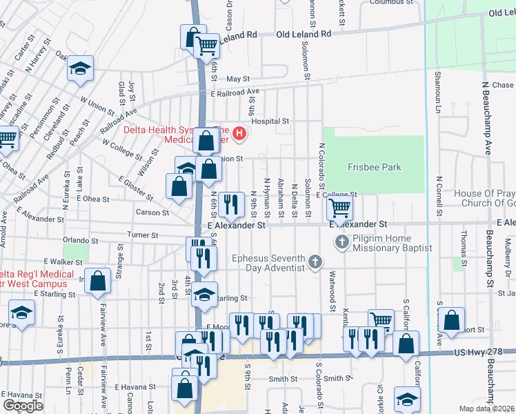 map of restaurants, bars, coffee shops, grocery stores, and more near 1602 East College Street in Greenville