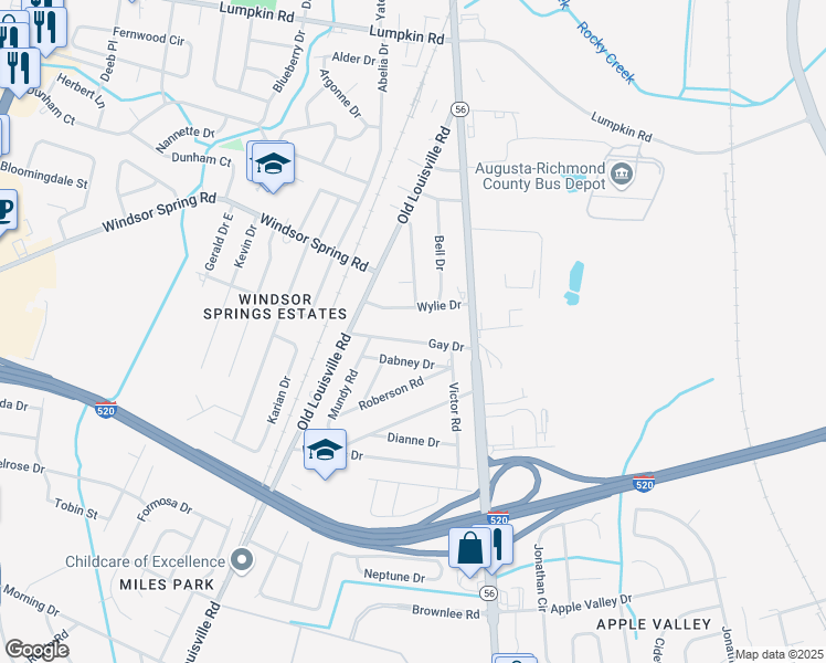 map of restaurants, bars, coffee shops, grocery stores, and more near 1917 Gay Drive in Augusta