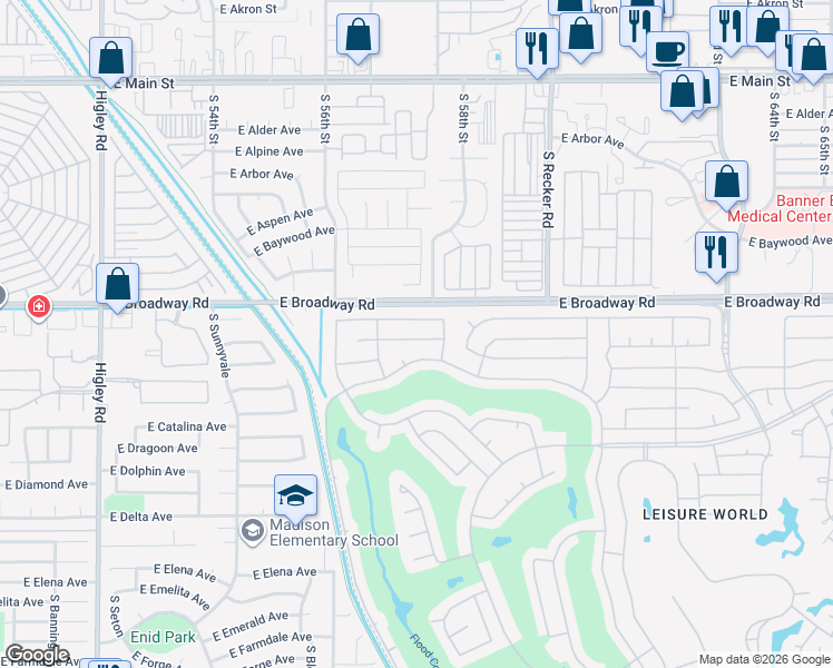 map of restaurants, bars, coffee shops, grocery stores, and more near 2134 Leisure World in Mesa