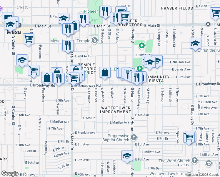 map of restaurants, bars, coffee shops, grocery stores, and more near 638 East Broadway Road in Mesa