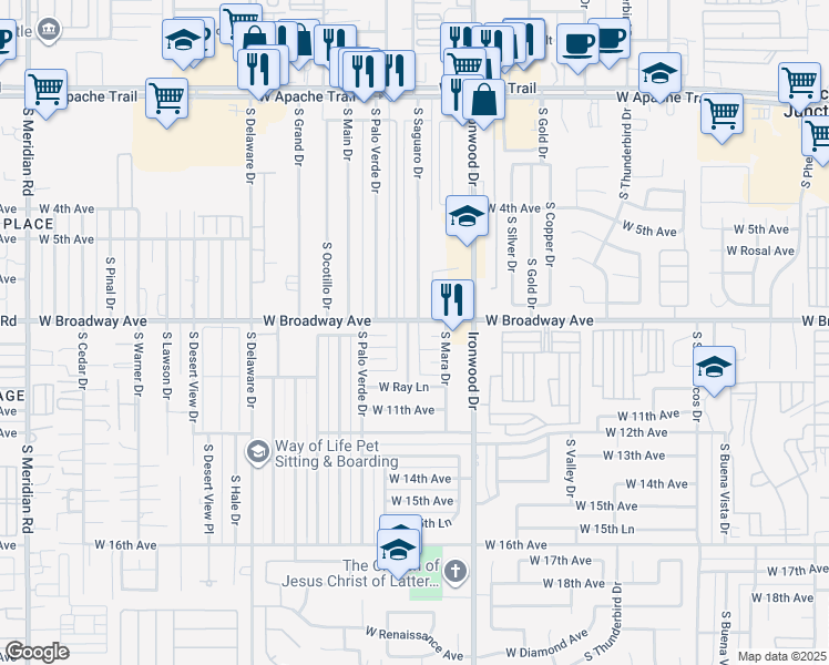 map of restaurants, bars, coffee shops, grocery stores, and more near 783 South Saguaro Drive in Apache Junction