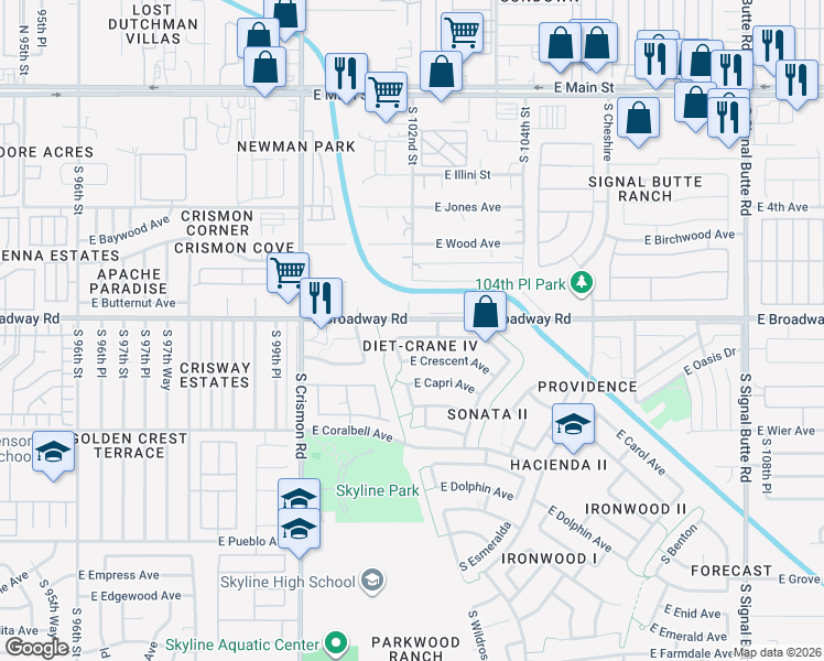 map of restaurants, bars, coffee shops, grocery stores, and more near 10164 East Calypso Avenue in Mesa