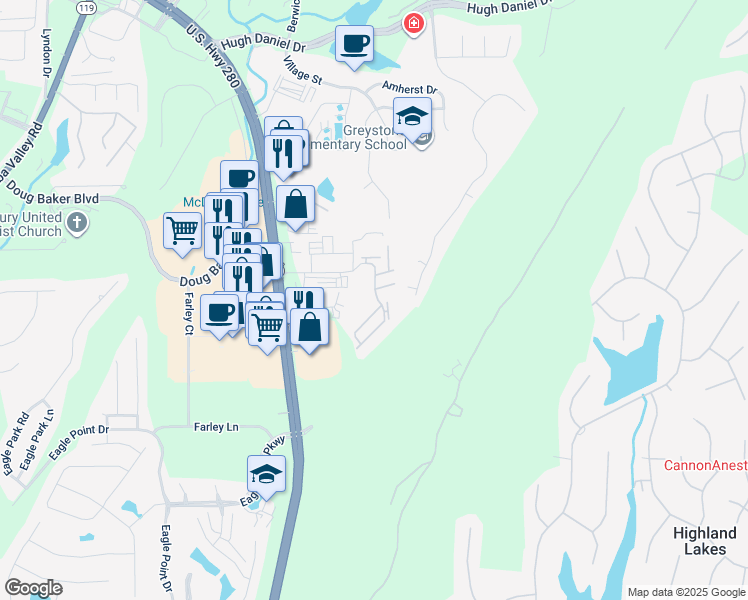 map of restaurants, bars, coffee shops, grocery stores, and more near 437 Stonecrest Drive in Birmingham