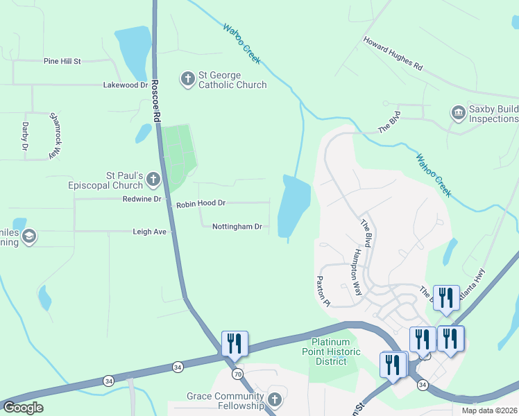 map of restaurants, bars, coffee shops, grocery stores, and more near 172 Robin Hood Drive in Newnan