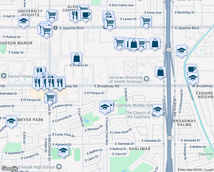 map of restaurants, bars, coffee shops, grocery stores, and more near 2020-2030 East Broadway Road in Tempe