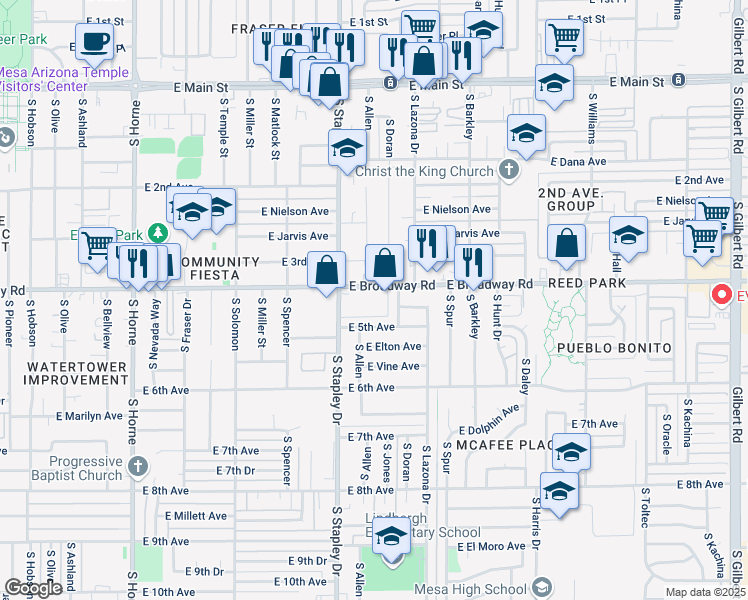 map of restaurants, bars, coffee shops, grocery stores, and more near 1244 East Broadway Road in Mesa
