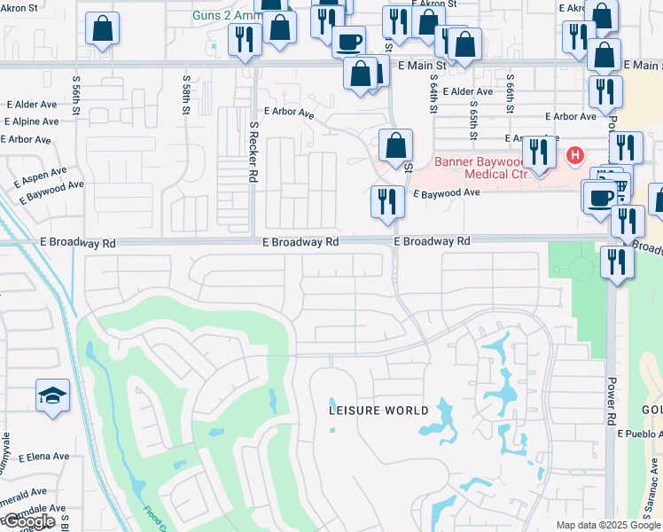 map of restaurants, bars, coffee shops, grocery stores, and more near 2726 Leisure World in Mesa
