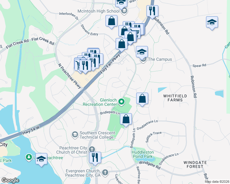 map of restaurants, bars, coffee shops, grocery stores, and more near 110 Paddock Trail in Peachtree City