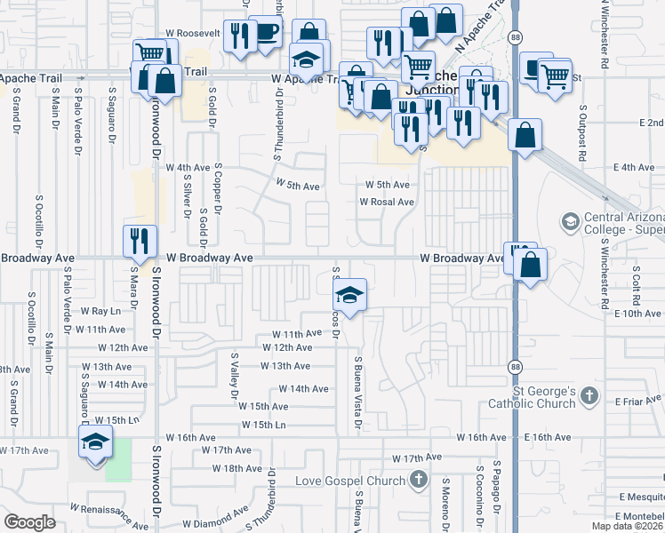 map of restaurants, bars, coffee shops, grocery stores, and more near 81 9th Avenue in Apache Junction