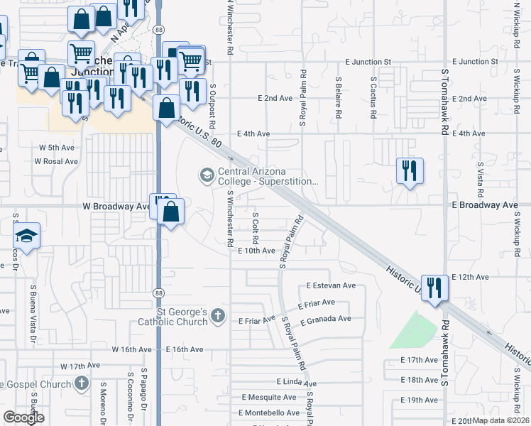 map of restaurants, bars, coffee shops, grocery stores, and more near 500 East Broadway Avenue in Apache Junction