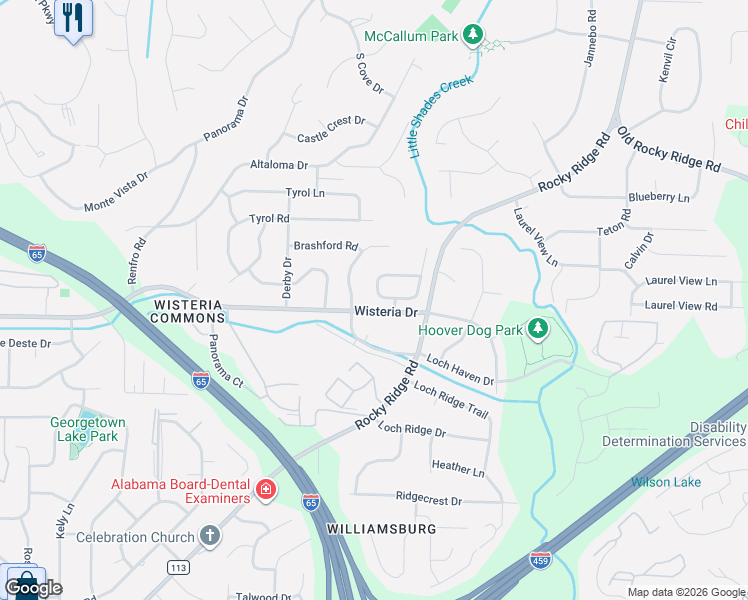 map of restaurants, bars, coffee shops, grocery stores, and more near 3375 Wisteria Drive in Vestavia Hills