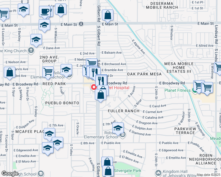 map of restaurants, bars, coffee shops, grocery stores, and more near 2102 East Broadway Road in Mesa