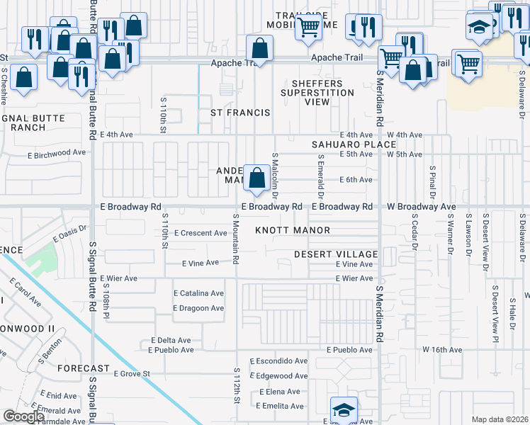 map of restaurants, bars, coffee shops, grocery stores, and more near 343 South Elmont Drive in Apache Junction