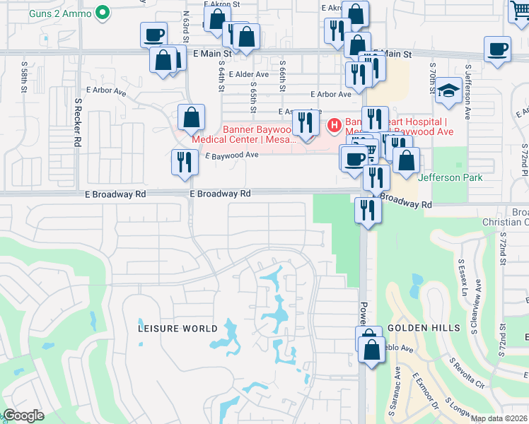 map of restaurants, bars, coffee shops, grocery stores, and more near 1066 Leisure World in Mesa