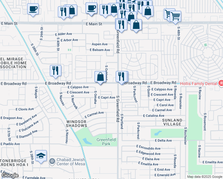 map of restaurants, bars, coffee shops, grocery stores, and more near 4323 East Broadway Road in Mesa