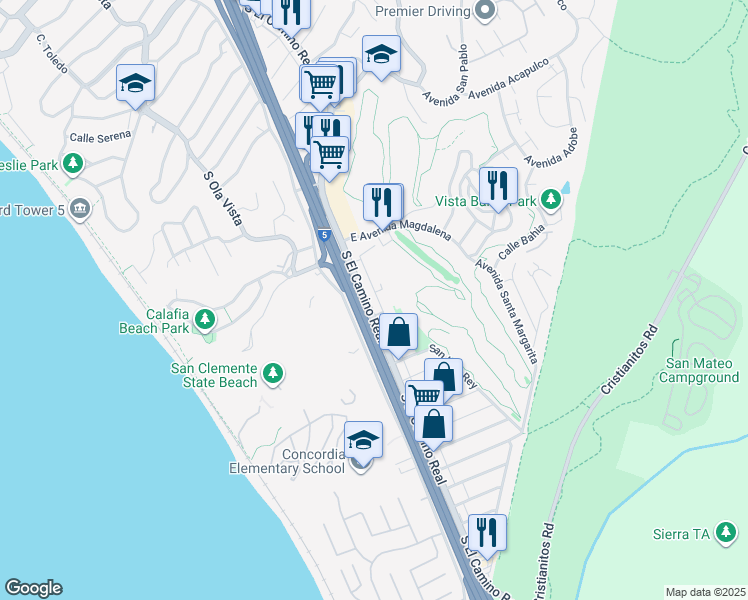 map of restaurants, bars, coffee shops, grocery stores, and more near 2617 Calle Del Comercio in San Clemente
