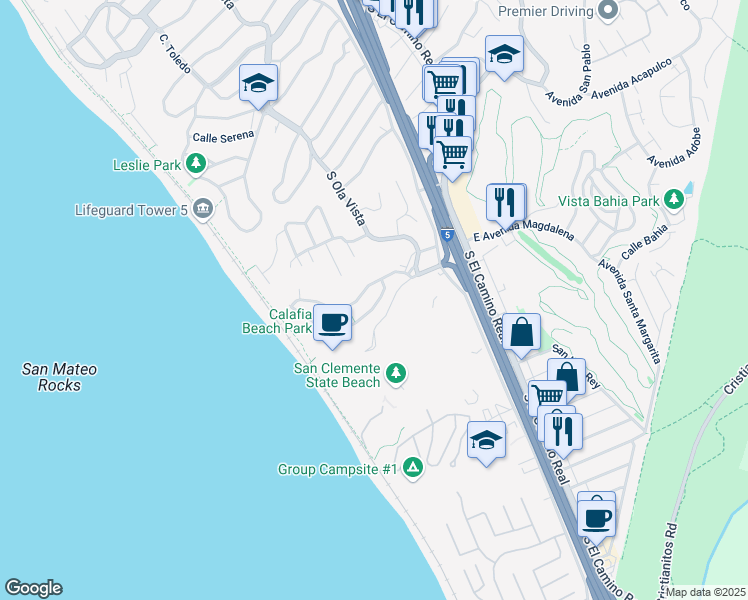 map of restaurants, bars, coffee shops, grocery stores, and more near 216 Avenida Montalvo in San Clemente