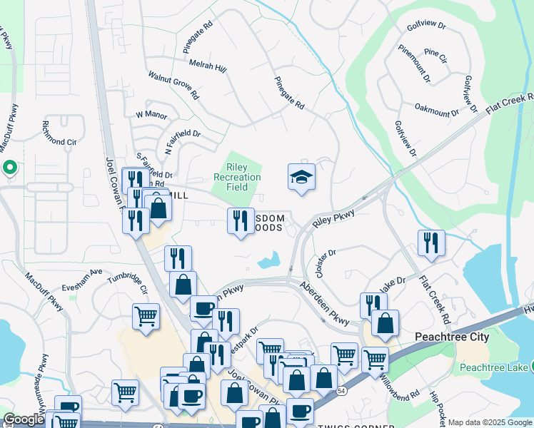 map of restaurants, bars, coffee shops, grocery stores, and more near 201 Wisdom Road in Peachtree City