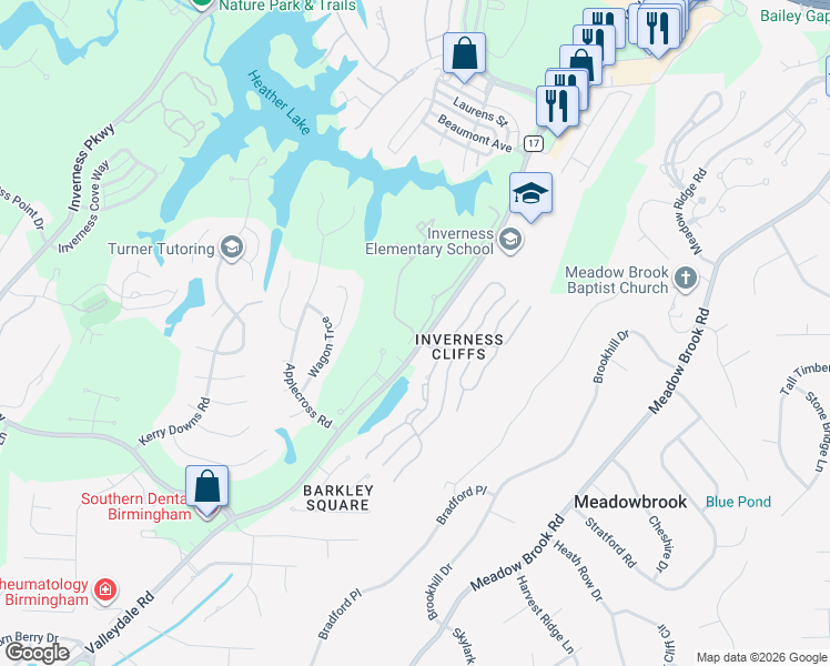map of restaurants, bars, coffee shops, grocery stores, and more near 401 Inverness Landing in Birmingham