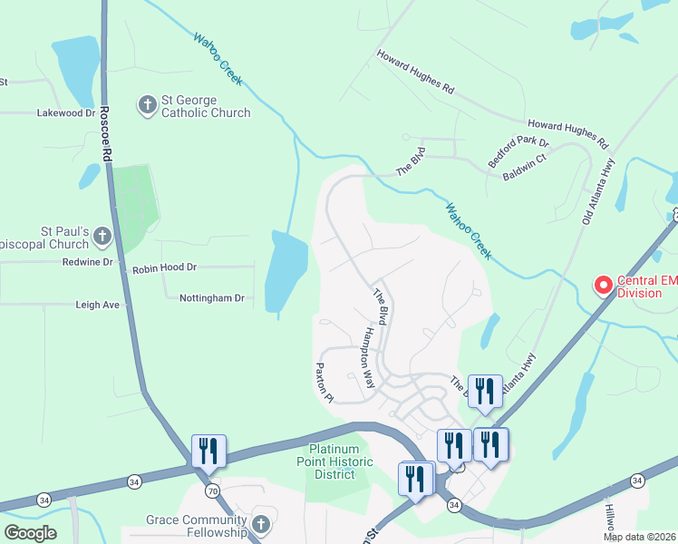map of restaurants, bars, coffee shops, grocery stores, and more near 354 The Boulevard in Newnan