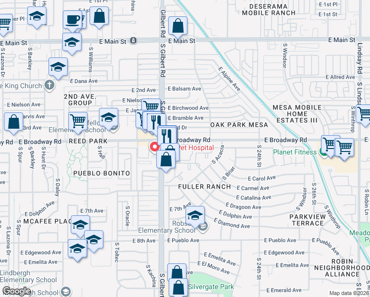 map of restaurants, bars, coffee shops, grocery stores, and more near 2055 East Broadway Road in Mesa