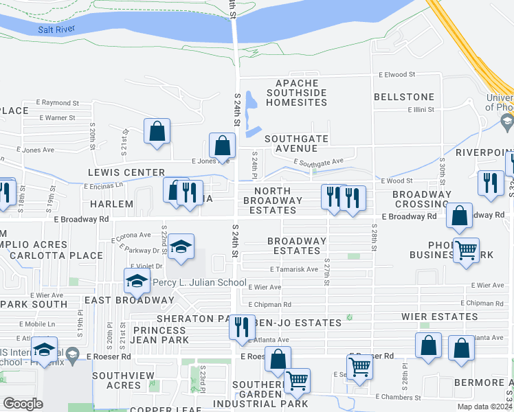 map of restaurants, bars, coffee shops, grocery stores, and more near 2417 East Pueblo Avenue in Phoenix