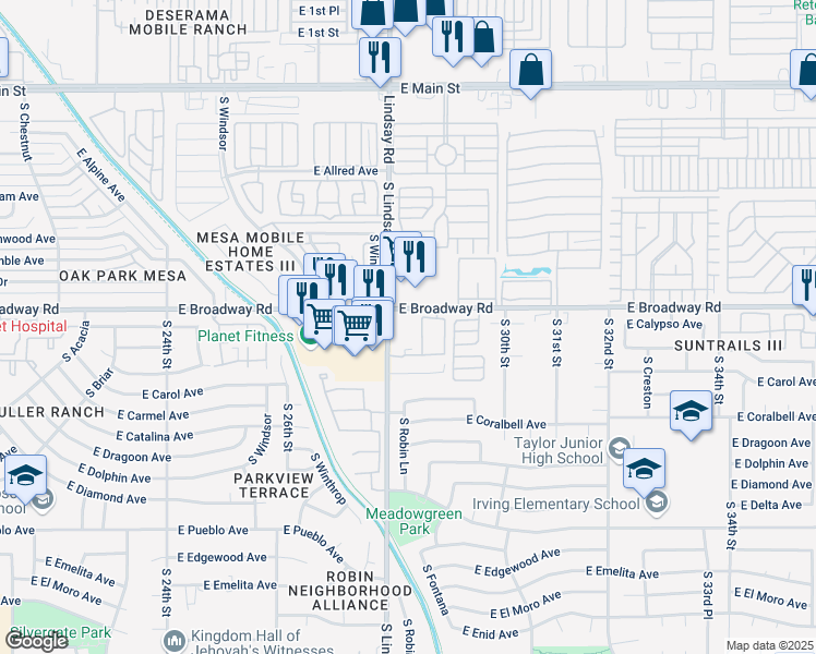 map of restaurants, bars, coffee shops, grocery stores, and more near in Mesa