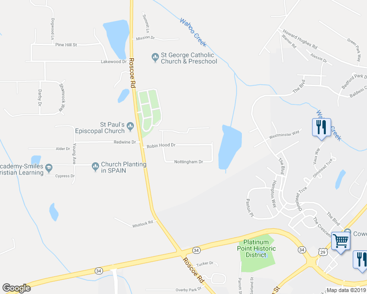 map of restaurants, bars, coffee shops, grocery stores, and more near 109 Robin Hood Drive in Newnan