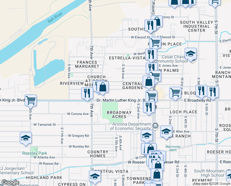 map of restaurants, bars, coffee shops, grocery stores, and more near 329 W Pueblo Ave in Phoenix