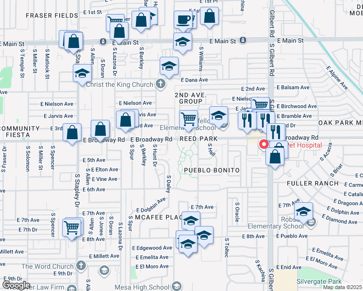 map of restaurants, bars, coffee shops, grocery stores, and more near 1631 East Broadway Road in Mesa