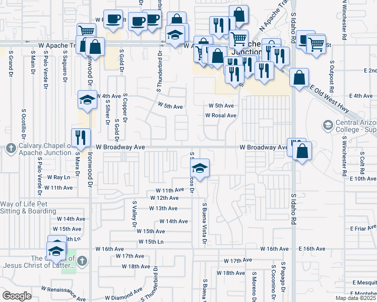 map of restaurants, bars, coffee shops, grocery stores, and more near 81 9th Avenue in Apache Junction