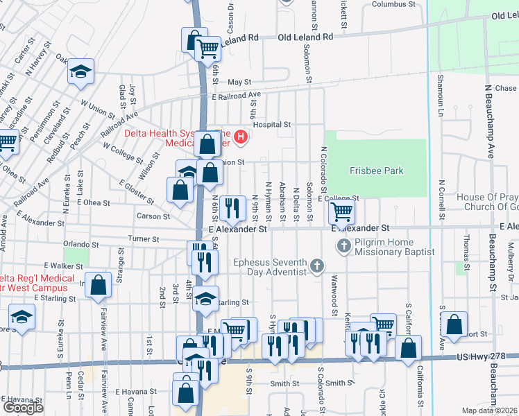 map of restaurants, bars, coffee shops, grocery stores, and more near 1602 East College Street in Greenville